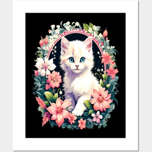 Beautiful white ktiten surrounded by spring flowers Posters and Art